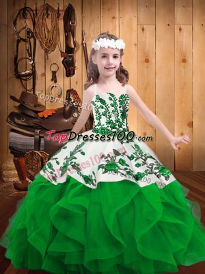 Affordable Embroidery and Ruffles Child Pageant Dress Green Lace Up Sleeveless Floor Length