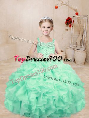 Beauteous Apple Green Ball Gowns Straps Sleeveless Organza Floor Length Lace Up Beading and Ruffles Pageant Gowns For Girls