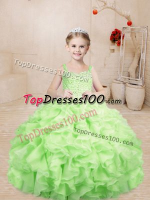 Yellow Green Organza Lace Up Straps Sleeveless Floor Length Party Dress Wholesale Beading and Ruffles