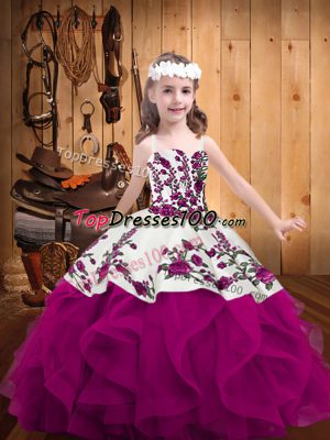 Embroidery and Ruffles Little Girls Pageant Dress Wholesale Fuchsia Lace Up Sleeveless Floor Length