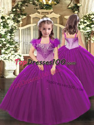 Sleeveless Tulle Floor Length Lace Up Little Girls Pageant Dress in Fuchsia with Beading
