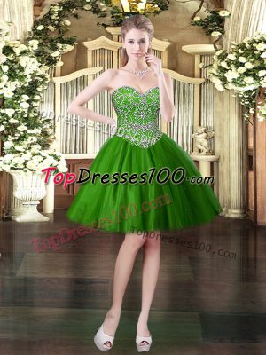 Wonderful Dark Green Tulle Lace Up Sweetheart Sleeveless Mini Length Prom Party Dress Beading