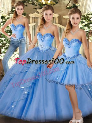 Baby Blue Three Pieces Organza Sweetheart Sleeveless Beading and Ruffles Floor Length Lace Up Quince Ball Gowns