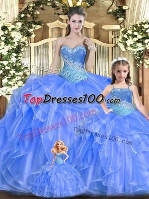 Fabulous Tulle Sweetheart Sleeveless Lace Up Beading and Ruffles Quinceanera Dresses in Baby Blue