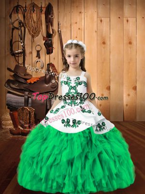 Affordable Turquoise Ball Gowns Organza Straps Sleeveless Embroidery and Ruffles Floor Length Lace Up Girls Pageant Dresses