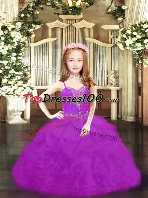 Organza Spaghetti Straps Sleeveless Lace Up Beading and Ruffles and Pick Ups Party Dress in Fuchsia and Purple