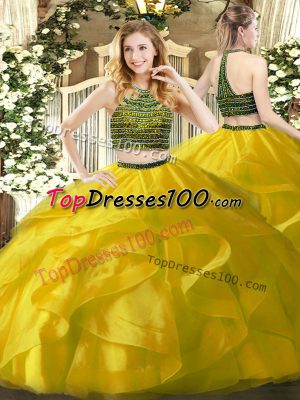 Yellow Zipper Halter Top Beading and Ruffles Quinceanera Gown Organza Sleeveless