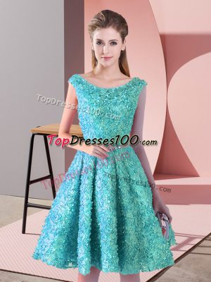 Knee Length Aqua Blue Prom Dresses Lace Sleeveless Belt