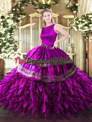 Admirable Fuchsia Sleeveless Satin and Organza Clasp Handle 15 Quinceanera Dress for Military Ball and Sweet 16 and Quinceanera