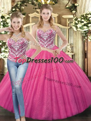 Discount Hot Pink Tulle Lace Up Sweetheart Sleeveless Floor Length Sweet 16 Dress Beading
