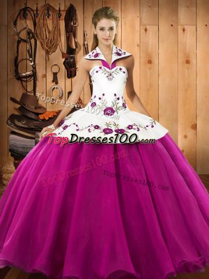 Satin and Tulle Halter Top Sleeveless Lace Up Embroidery Quinceanera Dresses in Fuchsia