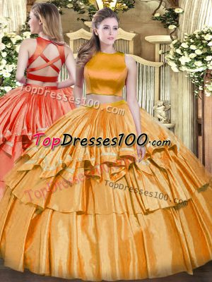 High-neck Sleeveless Criss Cross 15th Birthday Dress Orange Tulle