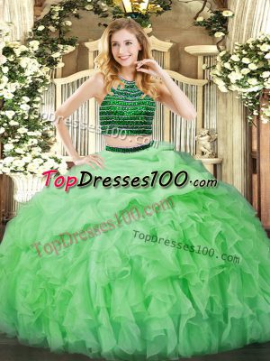 Halter Top Sleeveless Organza Quinceanera Gown Beading and Ruffles Zipper
