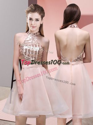 Beauteous Mini Length Baby Pink Bridesmaid Gown Halter Top Sleeveless Backless