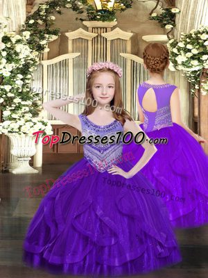 Hot Sale Purple Sleeveless Beading and Ruffles Floor Length Pageant Gowns For Girls