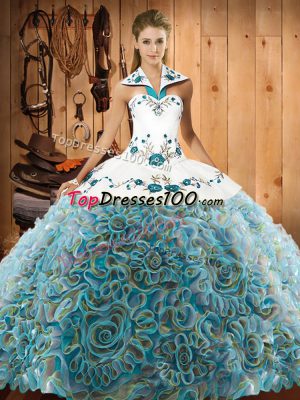 Flirting Multi-color Vestidos de Quinceanera Halter Top Sleeveless Sweep Train Lace Up
