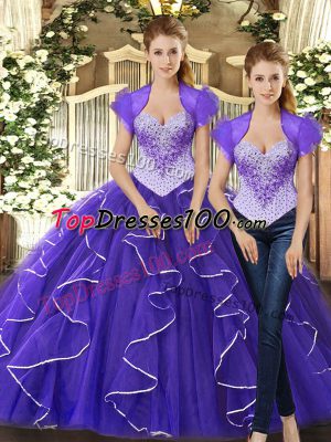 Floor Length Purple Quinceanera Gown Tulle Sleeveless Beading and Ruffles