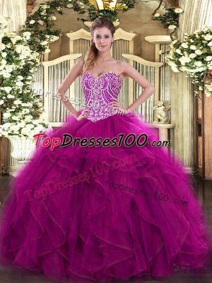 Organza Sweetheart Sleeveless Lace Up Beading and Ruffles Sweet 16 Dress in Fuchsia