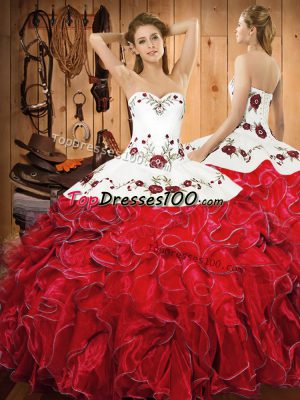 Lovely Floor Length White And Red Quinceanera Gown Halter Top Sleeveless Lace Up