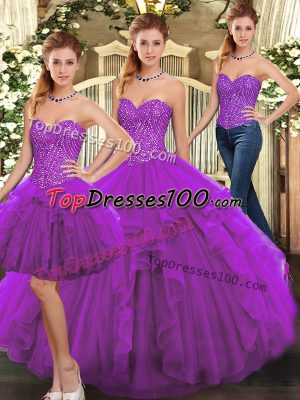 Amazing Purple Quince Ball Gowns Military Ball and Sweet 16 and Quinceanera with Ruffles Sweetheart Sleeveless Lace Up