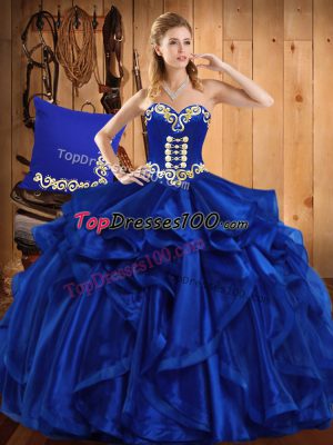 Modern Ball Gowns Quince Ball Gowns Royal Blue Sweetheart Organza Sleeveless Floor Length Lace Up