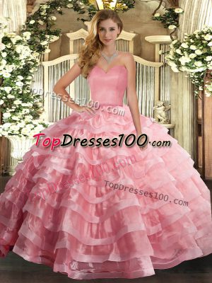 Ruffled Layers Vestidos de Quinceanera Watermelon Red Lace Up Sleeveless Floor Length