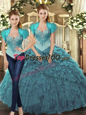 High End Sleeveless Floor Length Beading and Ruffles Lace Up 15th Birthday Dress with Teal