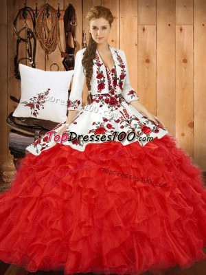 Fancy Red Ball Gowns Sweetheart Sleeveless Tulle Floor Length Lace Up Embroidery and Ruffles Quinceanera Dresses