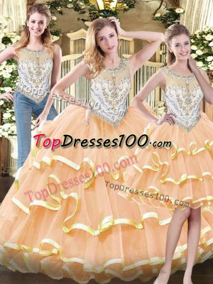 Peach Scoop Neckline Beading and Ruffled Layers 15th Birthday Dress Sleeveless Zipper