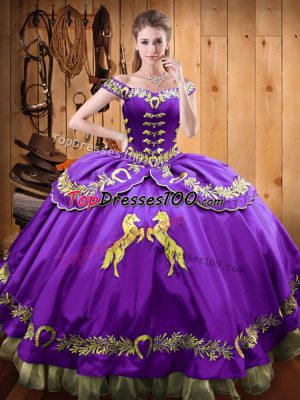 Sleeveless Satin and Organza Floor Length Lace Up 15 Quinceanera Dress in Purple with Beading and Embroidery