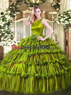 Floor Length Olive Green 15 Quinceanera Dress Organza Sleeveless Ruffled Layers