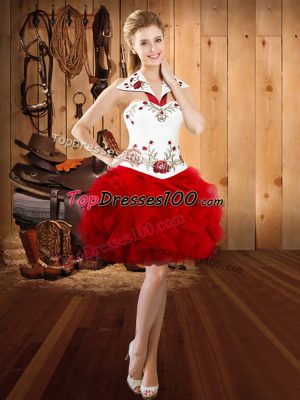 Elegant Red Halter Top Neckline Embroidery and Ruffles Sleeveless Lace Up