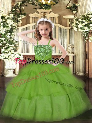 Beading and Ruffled Layers Girls Pageant Dresses Green Lace Up Sleeveless Floor Length