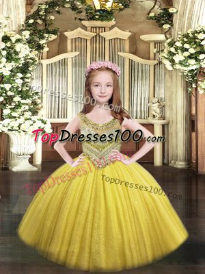 Gold Scoop Lace Up Beading Little Girls Pageant Gowns Sleeveless