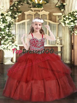 Dramatic Wine Red Ball Gowns Straps Sleeveless Organza Floor Length Lace Up Beading and Ruffled Layers Kids Formal Wear