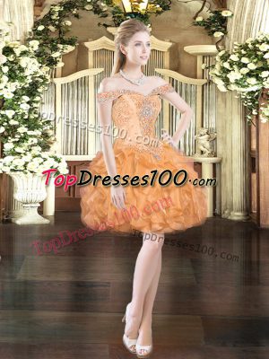 Orange Red Ball Gowns Off The Shoulder Sleeveless Organza Mini Length Lace Up Beading and Ruffles Evening Dress