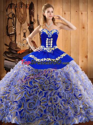 Ideal With Train Multi-color Quinceanera Gowns Satin and Fabric With Rolling Flowers Sweep Train Sleeveless Embroidery