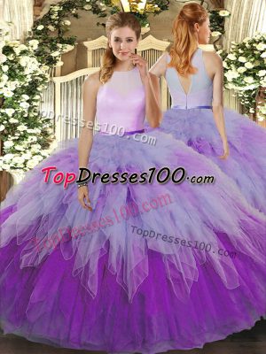 Fancy Multi-color High-neck Zipper Ruffles Quinceanera Gowns Sleeveless