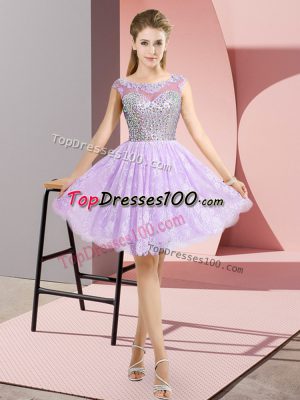Lavender Cap Sleeves Mini Length Beading Backless Evening Dress