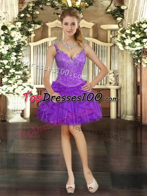 Elegant Eggplant Purple Ball Gowns V-neck Sleeveless Tulle Mini Length Lace Up Beading and Ruffles Prom Evening Gown