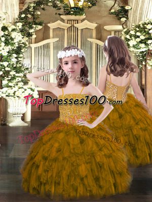 Superior Ball Gowns Party Dress for Toddlers Brown Spaghetti Straps Organza Sleeveless Floor Length Lace Up