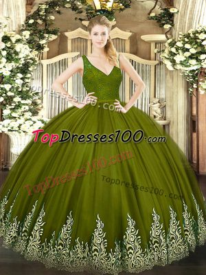 Great Tulle V-neck Sleeveless Zipper Beading and Ruffled Layers Quinceanera Dresses in Olive Green