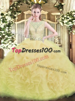 Vintage Lace and Ruffles Quinceanera Gowns Yellow Green Backless Sleeveless Floor Length