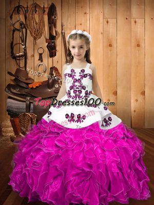 Straps Sleeveless Lace Up Pageant Dress for Womens Fuchsia Organza