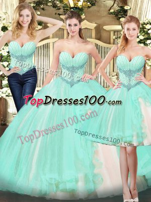 Floor Length Lace Up 15 Quinceanera Dress Apple Green for Military Ball and Sweet 16 and Quinceanera with Beading and Ruffles