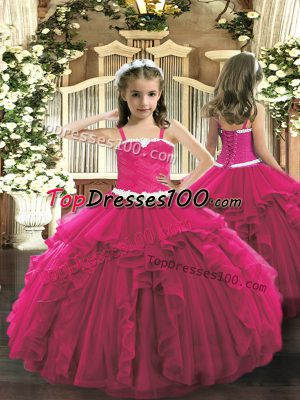 Hot Pink Lace Up Straps Appliques and Ruffles Pageant Dress Wholesale Tulle Sleeveless