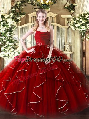 Sexy Sleeveless Floor Length Ruffles Zipper Ball Gown Prom Dress with Wine Red