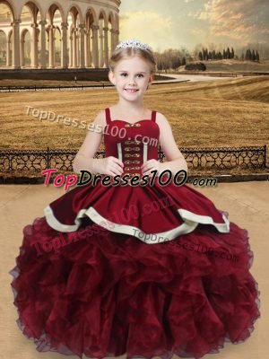 Amazing Floor Length Wine Red Little Girl Pageant Dress Straps Sleeveless Lace Up
