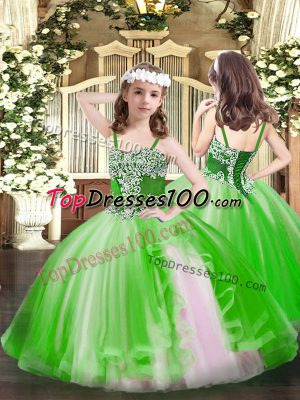 Green Tulle Lace Up Straps Sleeveless Floor Length Custom Made Pageant Dress Appliques