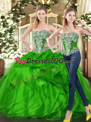 Sleeveless Organza Floor Length Lace Up Sweet 16 Dress in Green with Beading and Ruffles